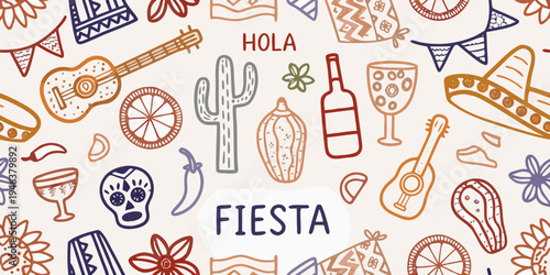 A vibrant and colorful pattern featuring iconic elements of mexican culture