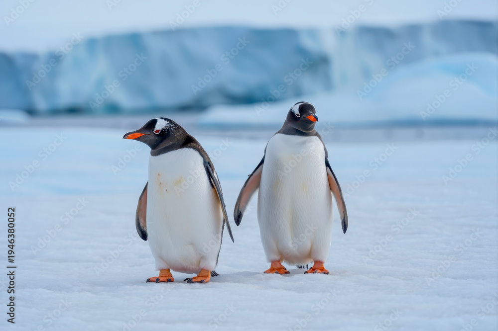 Fototapeta premium Two Gentoo Penguins Walking Together in Snowy Antarctic Landscape with Blue Icebergs