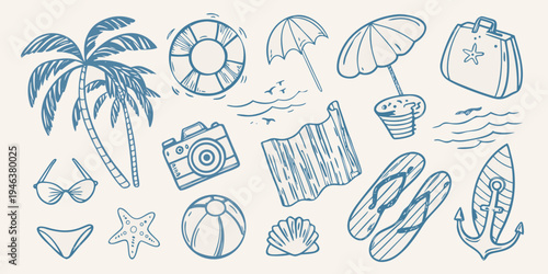 Sketch of summer vacation essentials beach items and tropical elements