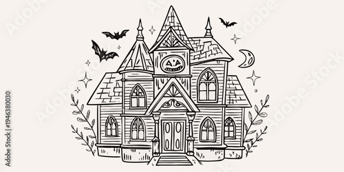A detailed sketch of a spooky haunted house with bats and stars