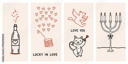 A series of hand drawn illustrations depicting love luck and celebration