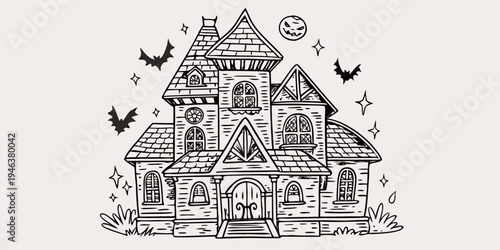 Detailed illustration of a spooky haunted house with bats and stars