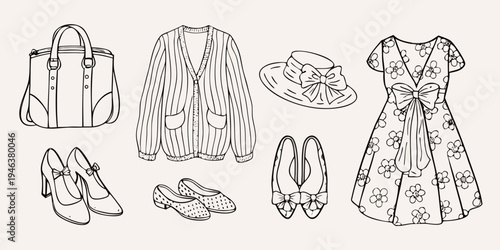 A collection of hand drawn vintage women s clothing and accessories