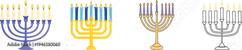 Hanukkah menorah candle icon set vector, jewish holiday symbol light flame tradition religion celebration festival design isolated graphic element set collection group for web app print.