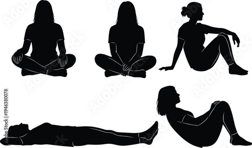 Black silhouettes of woman in various relaxing poses sitting cross legged lying down and stretching isolated on white background for wellness and yoga concepts