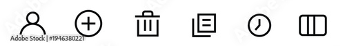 General purpose UI UX icons vector set, essential interface navigation graphic, isolated mobile app management symbol, minimal line art user plus trash copy clock layout, digital design pack