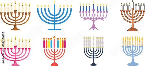 Hanukkah menorah candle icon set vector, jewish holiday symbol light flame tradition religion celebration festival design isolated graphic element set collection group for web app print.