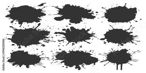 Set of black ink splatters and paint splashes on white background for grunge graphic design and artistic illustrations