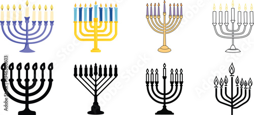 Hanukkah menorah candle icon set vector, jewish holiday symbol light flame tradition religion celebration festival design isolated graphic element set collection group for web app print.