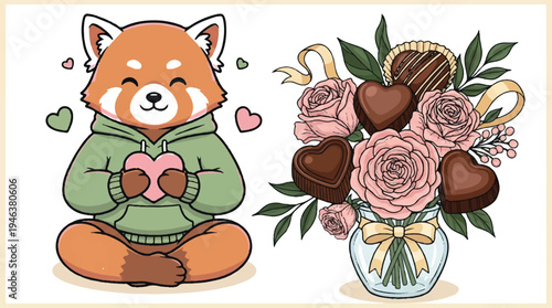 cartoon red panda holding heart with bouquet of flowers and chocolates