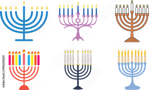 Hanukkah menorah candle icon set vector, jewish holiday symbol light flame tradition religion celebration festival design isolated graphic element set collection group for web app print.