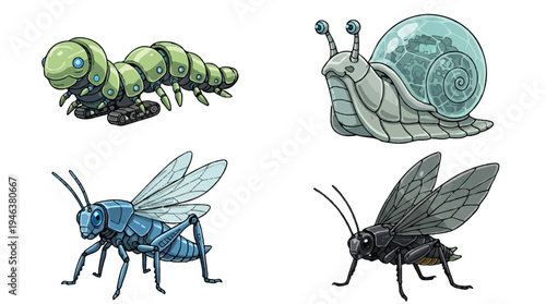 Cartoons of robotic insects and snail on white background