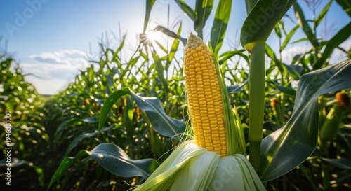 A vibrant field of cornstalks under a clear blue sky, with the sun casting a warm glow on the golden kernels.