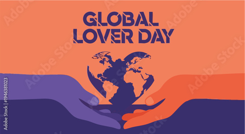 Global Lover Day greeting card in purple and orange abstract landscape with earth for social media