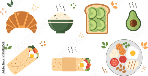 Healthy breakfast and meal food collection with croissant, rice bowl, avocado toast, burrito and salad plate colorful nutrition illustration set
