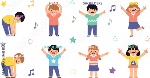 Head shoulders knees and toes kids exercise song actions children movement activity vector illustration set