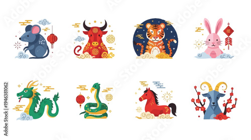 Chinese zodiac animals in cartoon style with decorations
