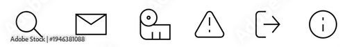 Essential UI UX icons vector set, web app communication graphic, isolated search mail receipt warning exit info symbol, minimal line art navigation pack, mobile interface digital element