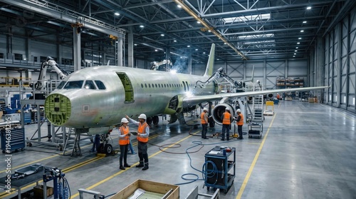 Aircraft assembly line inside large aviation factory hangar with engineers and technicians working on modern passenger airplane manufacturing.