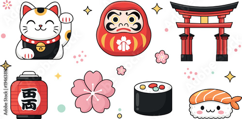 Japanese culture icons collection with maneki neko, daruma doll, torii gate, sushi, lantern and sakura flower cute cartoon illustration set