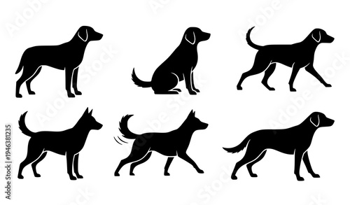Set of six dog silhouettes in various poses vector illustration of canine shapes isolated on white