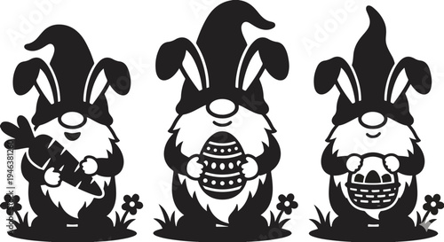  Three Cute Easter Bunny Gnomes Silhouette Vector Cut File Featuring Gnomes Holding a Carrot, Decorated Egg, and Basket Isolated on White Background 2026 