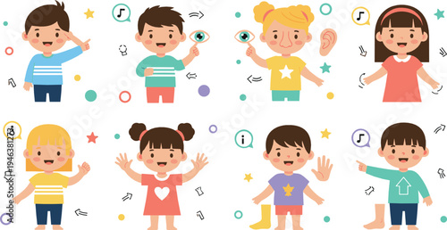 Kids learning five human senses with eyes, ears, nose, touch and sound symbols, cute children educational cartoon illustration set