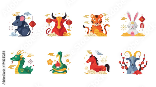 Chinese zodiac animals in cartoon style with decorative elements