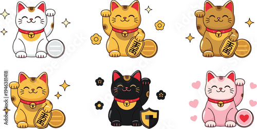 Lucky maneki neko cats collection with gold coins and raised paw, traditional Japanese fortune cat symbols cute cartoon illustration set