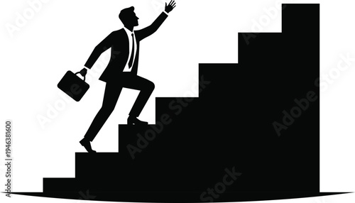 Businessman ascending stairs with briefcase, symbolizing professional growth, determination, and reaching success in competitive environment