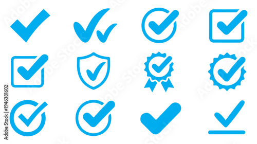 Blue check mark icons featuring different strokes and styles for mobile apps and cloud computing services