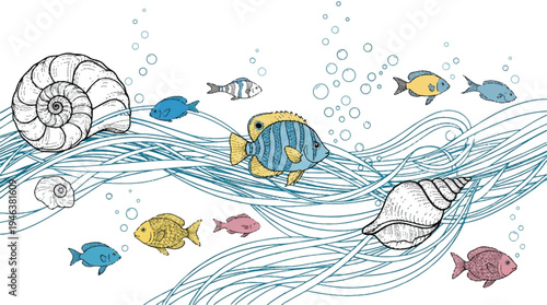 colorful fish and sea creatures swimming in ocean with seaweed and bubbles