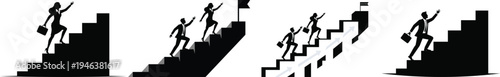Business people climbing stairs towards success, symbolizing career growth, ambition, and reaching goals in corporate environment