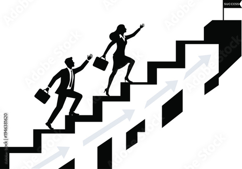 Diverse business team climbing stairs together, with success flag at top, symbolizing collaboration, partnership, and shared achievement