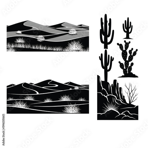 A black and white desert landscape with cacti and sandy dunes