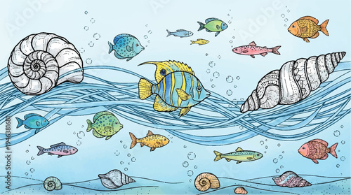 colorful fish and sea shells in ocean with seaweed and bubbles