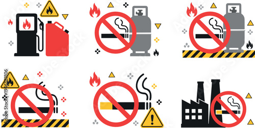 No smoking safety warning signs with gas station factory and fire hazard icons industrial prohibition vector illustration set