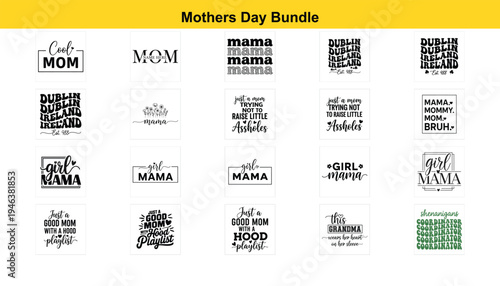 Mothers Day bundle of typographic stickers and labels for mothers and grandmothers  various phrases and words in different fonts and colors on white background