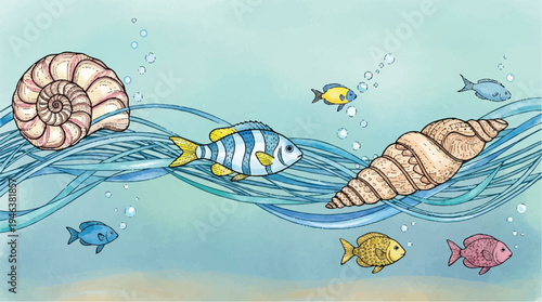 colorful fish and sea shells swimming in ocean water with seaweed