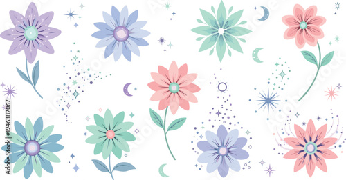 Pastel floral flowers collection with stars and moon accents, delicate botanical blossoms in soft colors for decorative nature illustration set