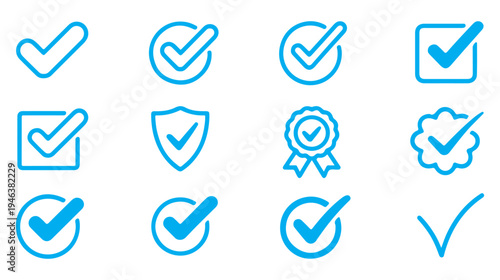 Blue check mark icons collection in various styles including circles squares and ribbons signifying approval