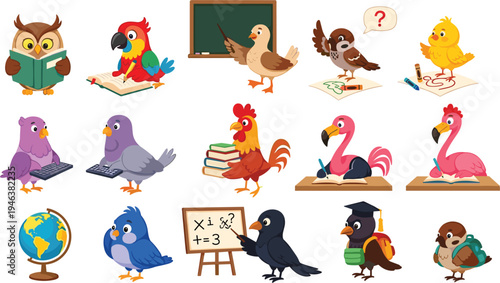 Educational Birds Icon Set with Learning, Reading, Teaching, School Subjects, and Study Activities for Kids and Classroom Use