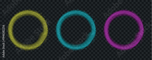 A series of three glowing translucent circular frames in gold teal and magenta hues against a transparent backdrop