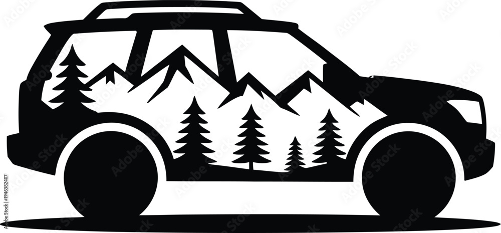 Obraz premium Off-Road Vehicle Silhouette With Mountain Forest Landscape