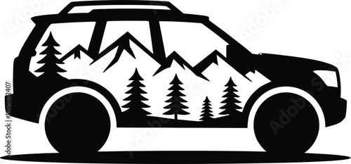 Off-Road Vehicle Silhouette With Mountain Forest Landscape