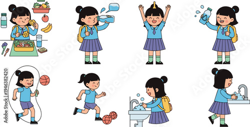 School girl daily routine activities including eating healthy food, drinking water, exercising, washing hands and studying, kids healthy lifestyle illustration set