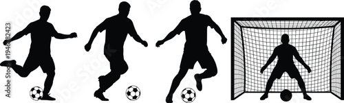 Soccer player silhouettes dribbling kicking ball and goalkeeper in goal football sport action vector illustration isolated set