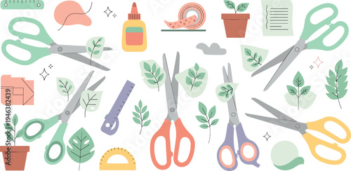 Scissors and craft tools collection with glue, ruler, tape and plants, creative DIY stationery illustration set for handmade projects