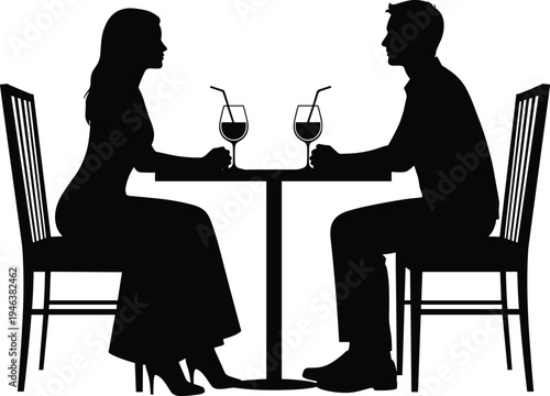 Couple sitting at restaurant table drinking wine romantic date silhouette vector illustration love relationship dinner concept