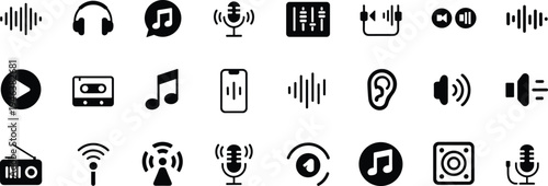 Collection of black and white representing audio and sound technology devices and symbols headphones